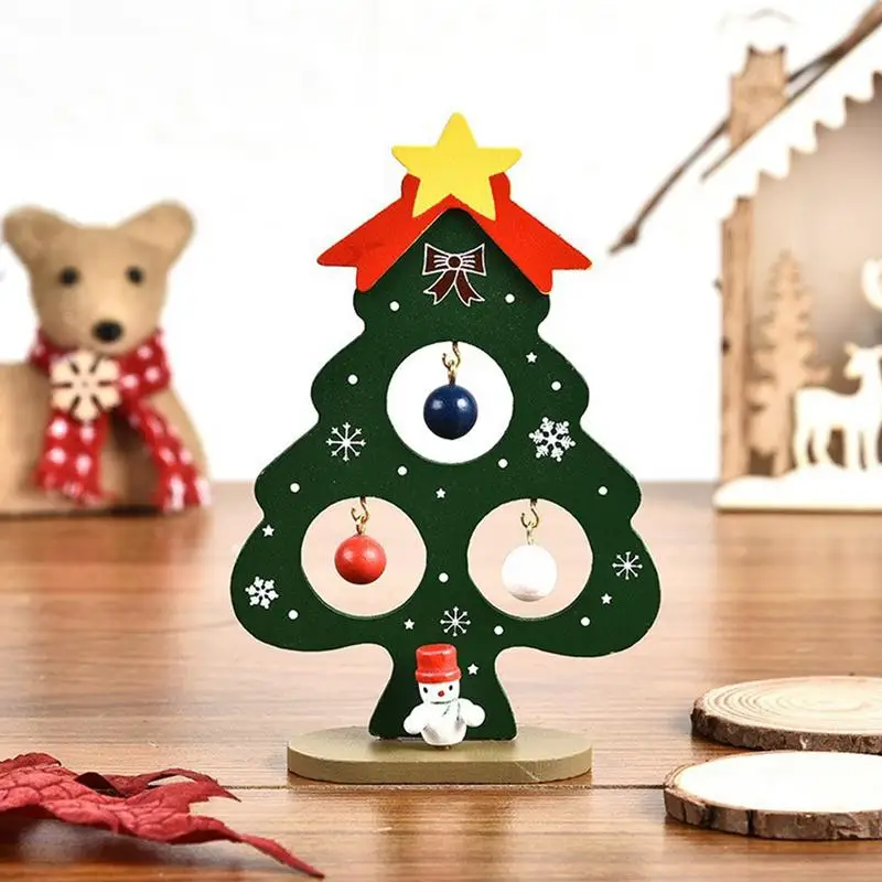 

Wood Table Top Christmas Tree DIY Kids Toys Desktop Ornaments with Colorful Balls for Tabletop Farmhouse Tiered Tray Christmas
