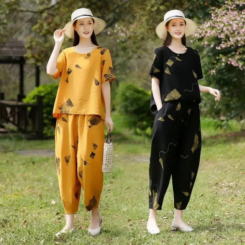 Two Piece Set Trousers Set Female Pants Print Short Sleeve O-Neck Loose Summer Clothes T-shirt Trousers Matching Sets 5XL Q38
Two Piece Set Trousers Set Female Pants Print Short Sleeve O-Neck Loose Summer Clothes T-shirt Trousers Matching Sets 5XL Q38
