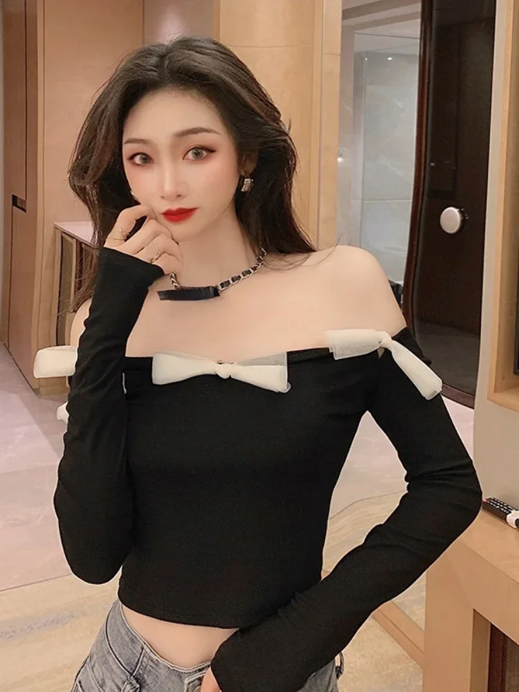 

Spring Solid T-shirts Women Slash Neck Long Sleeve Tunic Tees 2024 Ropa Mujer Cropped Tops Bow Fashion Casual Y2k Tshirt