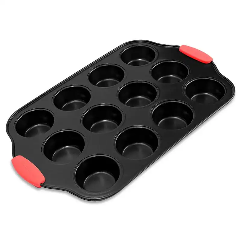 Cup Muffin Non-Stick Baking Pan, Deluxe Gray Carbon Steel Pan Red Silicone Handles
Cup Muffin Non-Stick Baking Pan, Deluxe Gray Carbon Steel Pan Red Silicone Handles