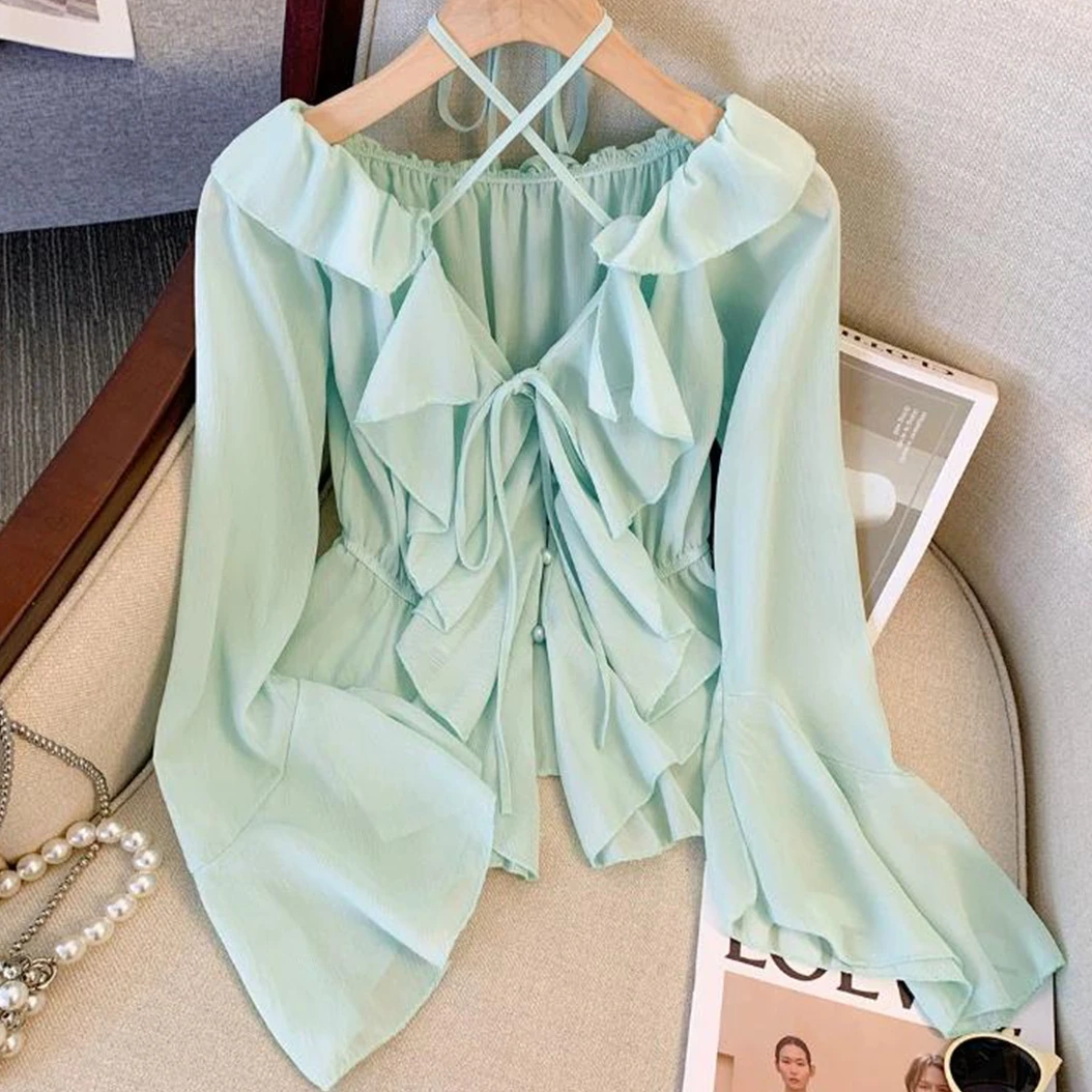 Early Autumn 2023 Off Shoulder Chiffon Shirt for Women Sweet Hanging Neck Ruffle Edge Short Style Flared Sleeve Blouse Top
Early Autumn 2023 Off Shoulder Chiffon Shirt for Women Sweet Hanging Neck Ruffle Edge Short Style Flared Sleeve Blouse Top