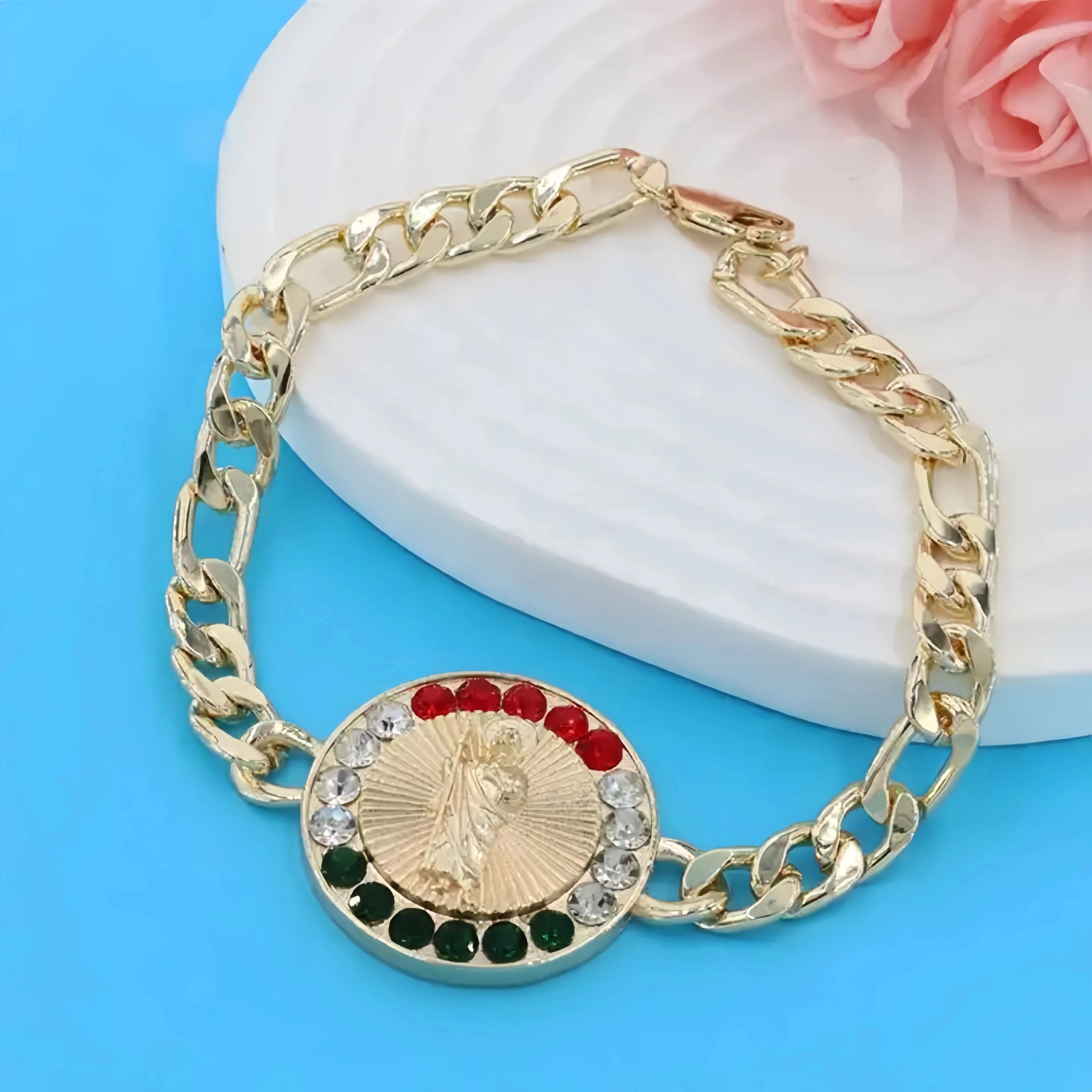 Ruixi Hot Selling Fashion Zircon Gold Round St. Benedict St. Jude Religious Jewelry Bracelet Men Gift Party
Ruixi Hot Selling Fashion Zircon Gold Round St. Benedict St. Jude Religious Jewelry Bracelet Men Gift Party