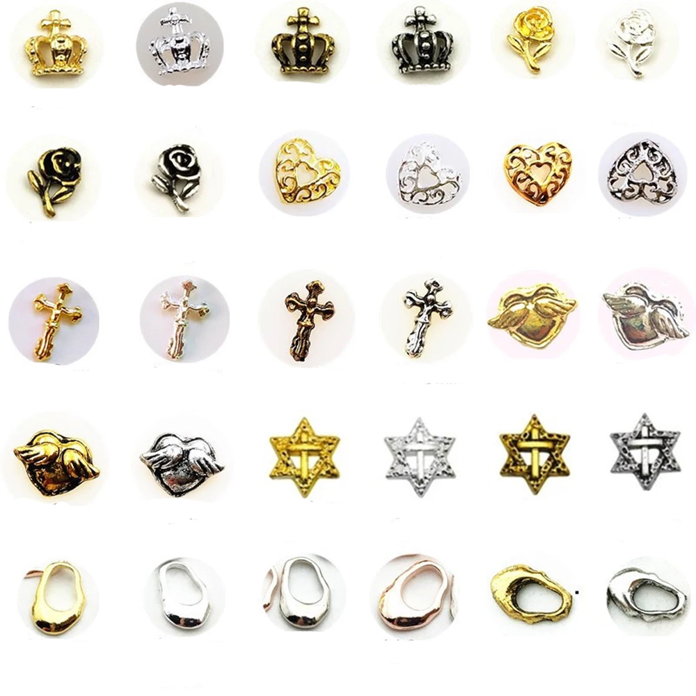 

50pcs Alloy Punk Nail Art Parts 3D Korea Vintage Crown Rose Flower Heart Cross Hexagram Nail Decor Parts DIY Metal Nail Jewelry