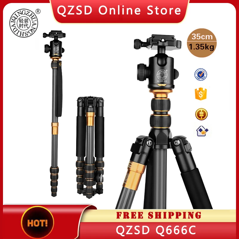 

QZSD Q666C Carbon Fiber Tripod Monopod Ballhead For DSLR Digital DV Camera Portable Photo Stand Carry Bag & Ball Head