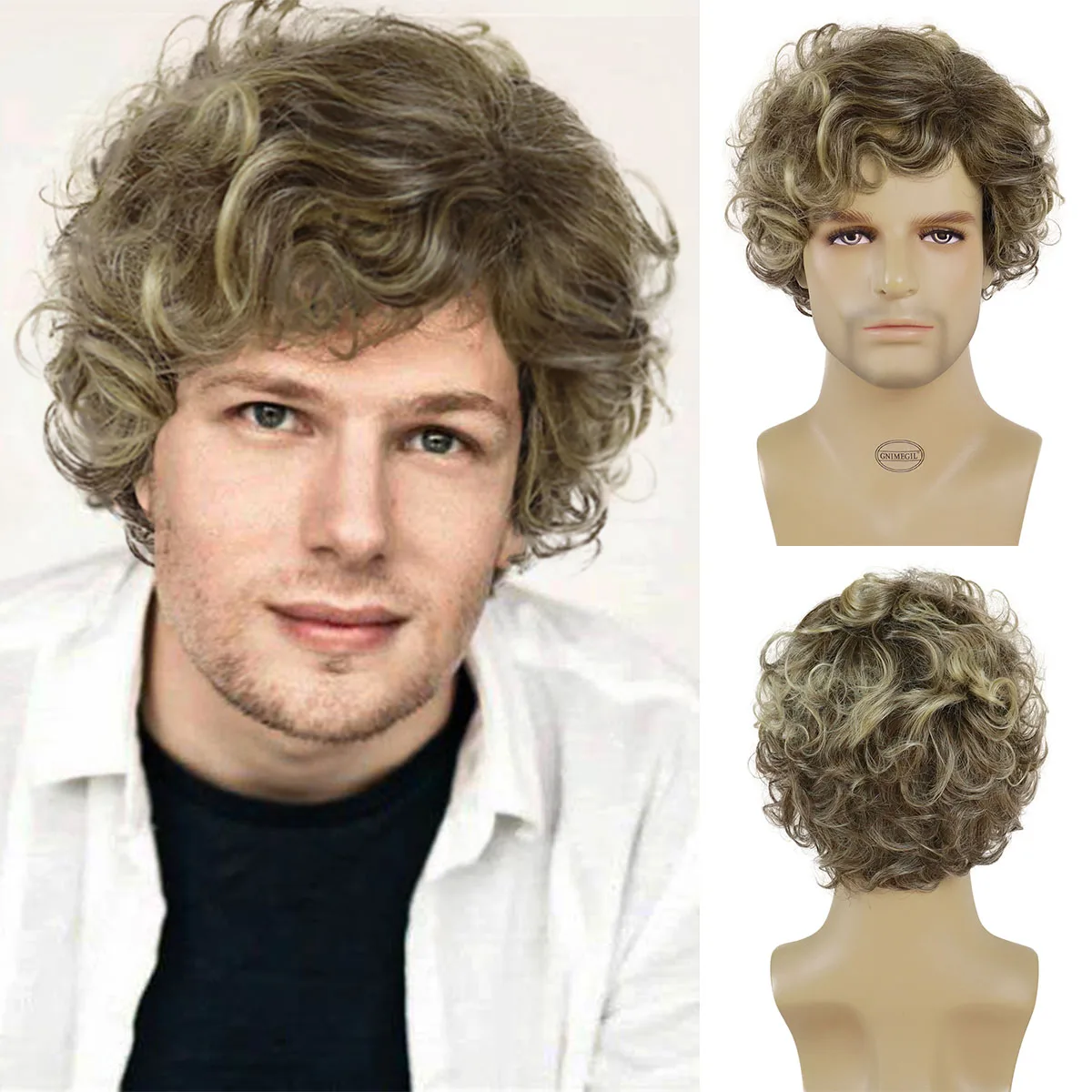 

GNIMEGIL Synthetic Dark Root Ombre Brown Blonde Short Curly Man Wig with Bangs Natural Hairstyle Wig for Man Daily Cosplay Party