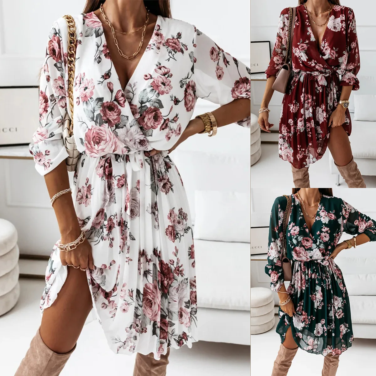 Summer Short Chiffon Dress Women Casual Long Sleeve V-neck Printed Pleated Floral Skirt Fashion Light Breathable Flowing Hem New
Summer Short Chiffon Dress Women Casual Long Sleeve V-neck Printed Pleated Floral Skirt Fashion Light Breathable Flowing Hem New
