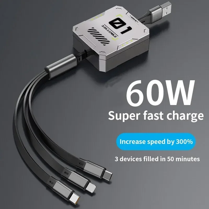 3 in 1 Multi Retractable USB Phone 60w Fast Charging and Data Cable for Iphone/Android/Type-C Fast Charging Samsung Charger
3 in 1 Multi Retractable USB Phone 60w Fast Charging and Data Cable for Iphone/Android/Type-C Fast Charging Samsung Charger