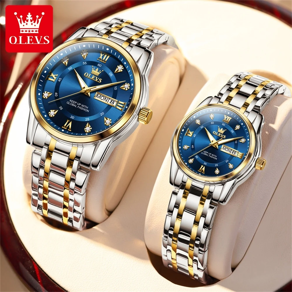 

OLEVS Fashion Diamond Design Couple Watch Set for His Hers Quartz Wristwatch Men Women Stainless Steel Strap Lover's Watch Gifts