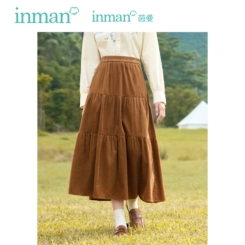 

INMAN Women Corduroy Skirt 2023 Autumn Elastic High Waist A-shape Loose Pleated Design Fashion Elegant Olive Green Coffee Skirt