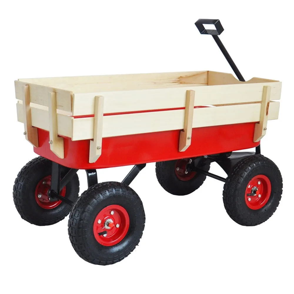 

Outdoor Wagon All Terrain Pulling With Wood Railing Air Tires Children Kid Garden Wagon Red Camping Supplies Freight Free