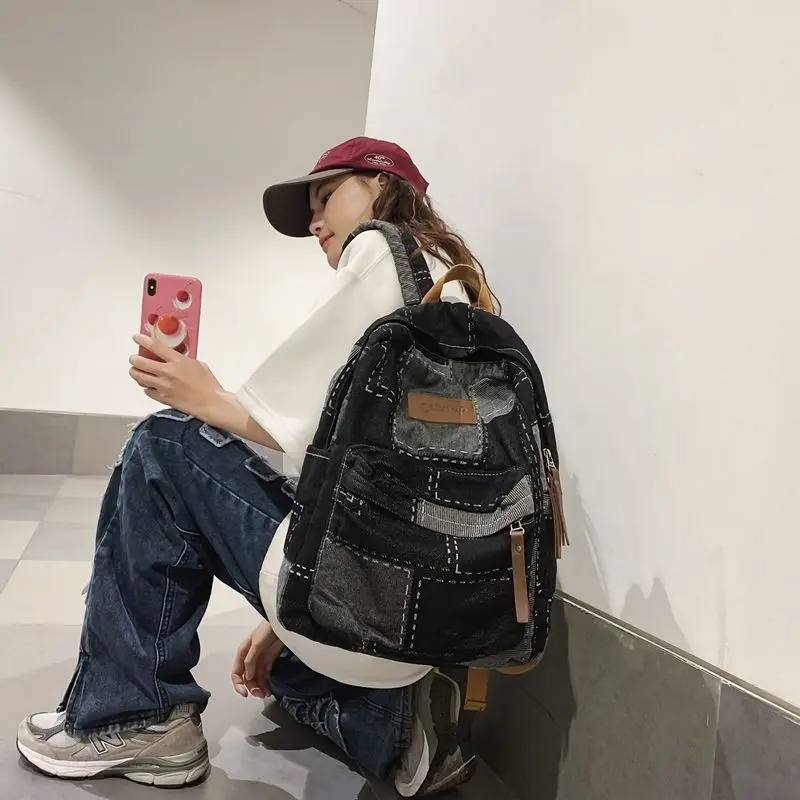 

Японский модный крутой женский рюкзак контрастных цветов, вместительные Универсальные джинсовые школьные ранцы, модные дорожные сумки