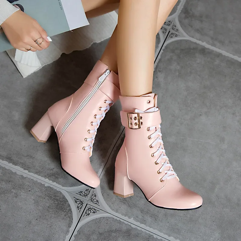 Fashion Sweet Woman Shoes High Heel Buckle Strap Cross Tied Lace Up Autumn Winter Booties Pink White Black Ankle Boots 43
Fashion Sweet Woman Shoes High Heel Buckle Strap Cross Tied Lace Up Autumn Winter Booties Pink White Black Ankle Boots 43