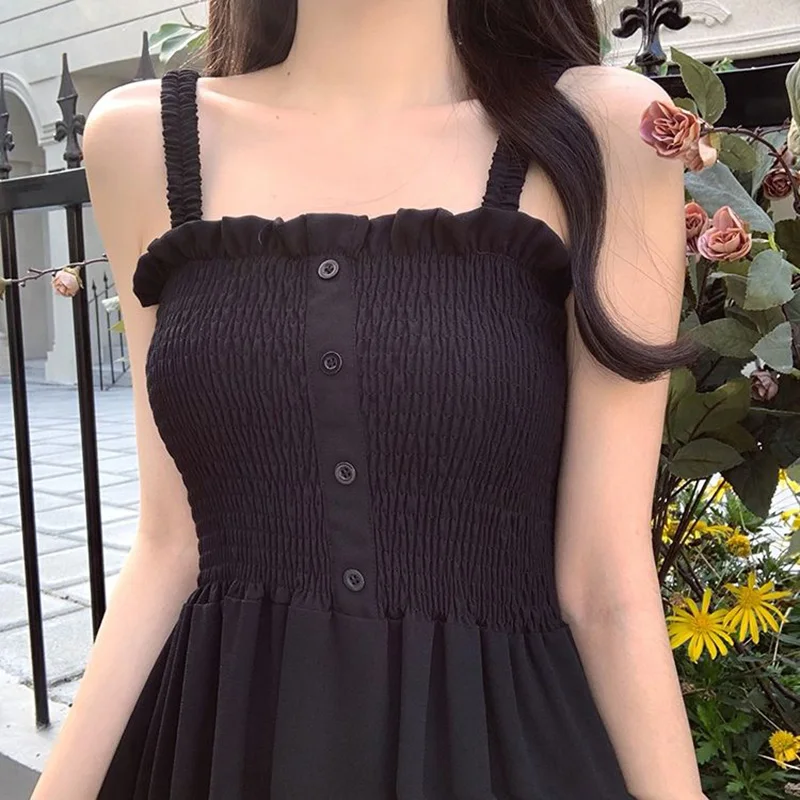 

Fashion Spliced Button Folds Ruffles Sweet Slip Dress Women Clothing 2024 Summer New Loose Casual Solid Color Sleeveless Dress