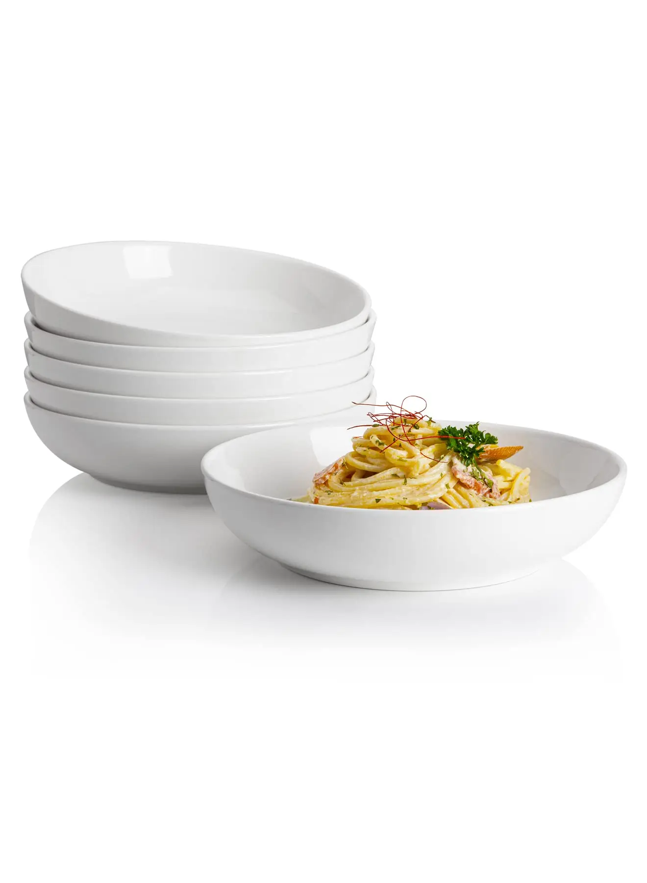 

Large Salad Serving Bowls - 30 Ounce Porcelain White Pasta Plates, Set of 6, 8.4 Inch, Microwave Dishwasher Safe