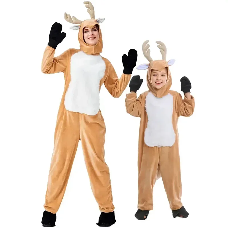 

Xmas Reindeer Family Parent-Child Fancy Jumpsuit Christmas New Year Carnival Party Velvet Elk Deer Santa Claus Cosplay Costume