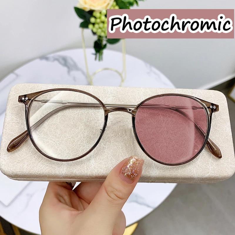 

Intelligent Photochromic Myopia Glasses Women Men Ultralight Vintage Round Minus Glasses Finished Prescription Eyewear Diopter