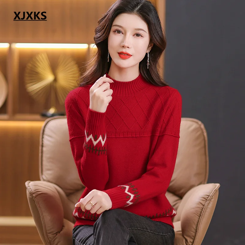 

XJXKS Wool Knit Turtleneck Sweaters Jumper Women's Pullover 2024 Winter New High Quality Temperament Ladies Knitwears