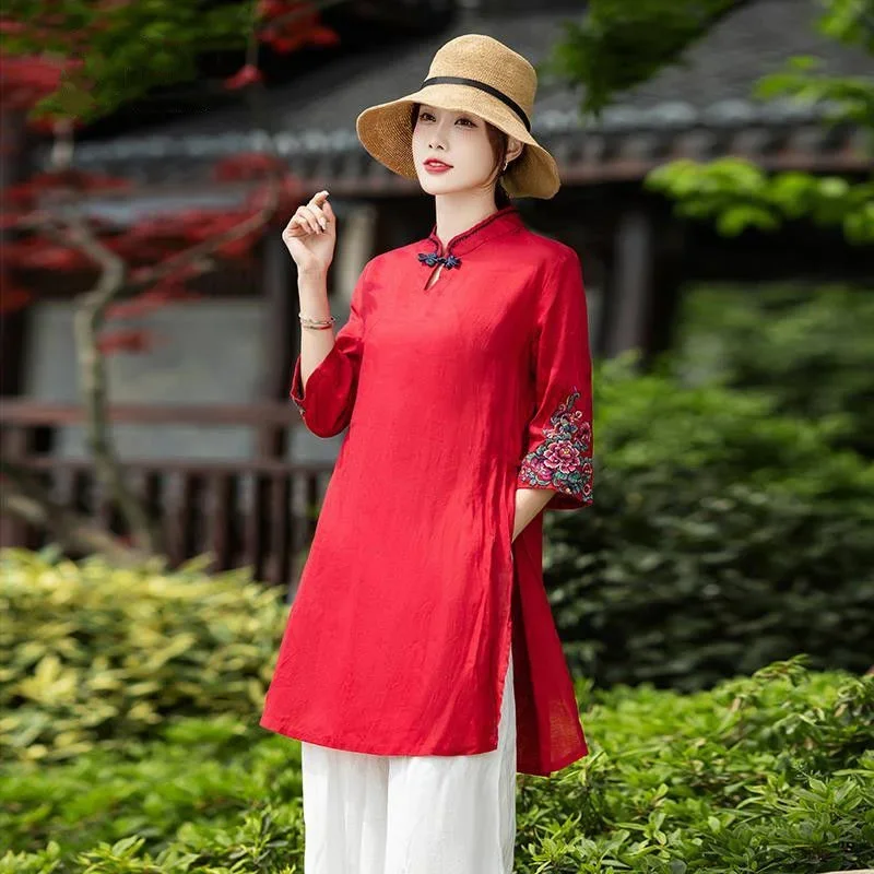 National Style Embroidery Cotton Linen Shirt Women Mid-length Chinese Vintage Blouse Traditional Elegant Loose Female Hanfu Tops
National Style Embroidery Cotton Linen Shirt Women Mid-length Chinese Vintage Blouse Traditional Elegant Loose Female Hanfu Tops