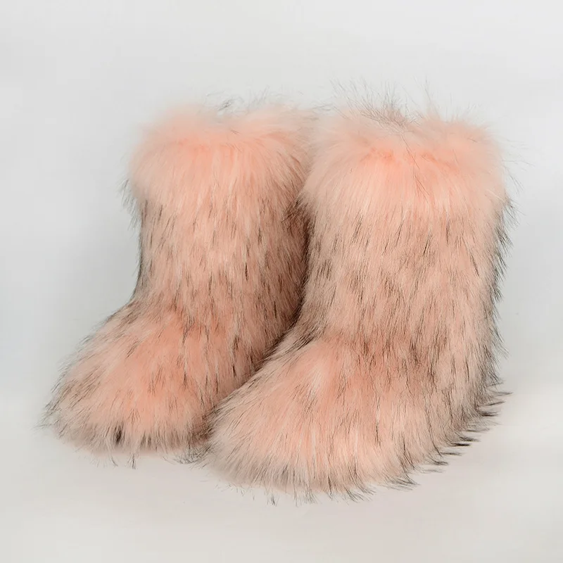 

Winter Fuzzy Boots Women Furry Shoes Fluffy Fur Snow Boots Plush lining Slip-on Rubber Flat Outdoor Footwear Warm Ladies Shoes