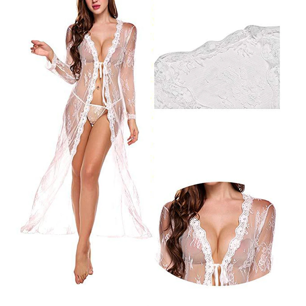 

Alluring Lace Long Dress, Sheer See Through Kimono Robe Nightgown for Women, Sexy Lingerie, Free size, Assorted Colors