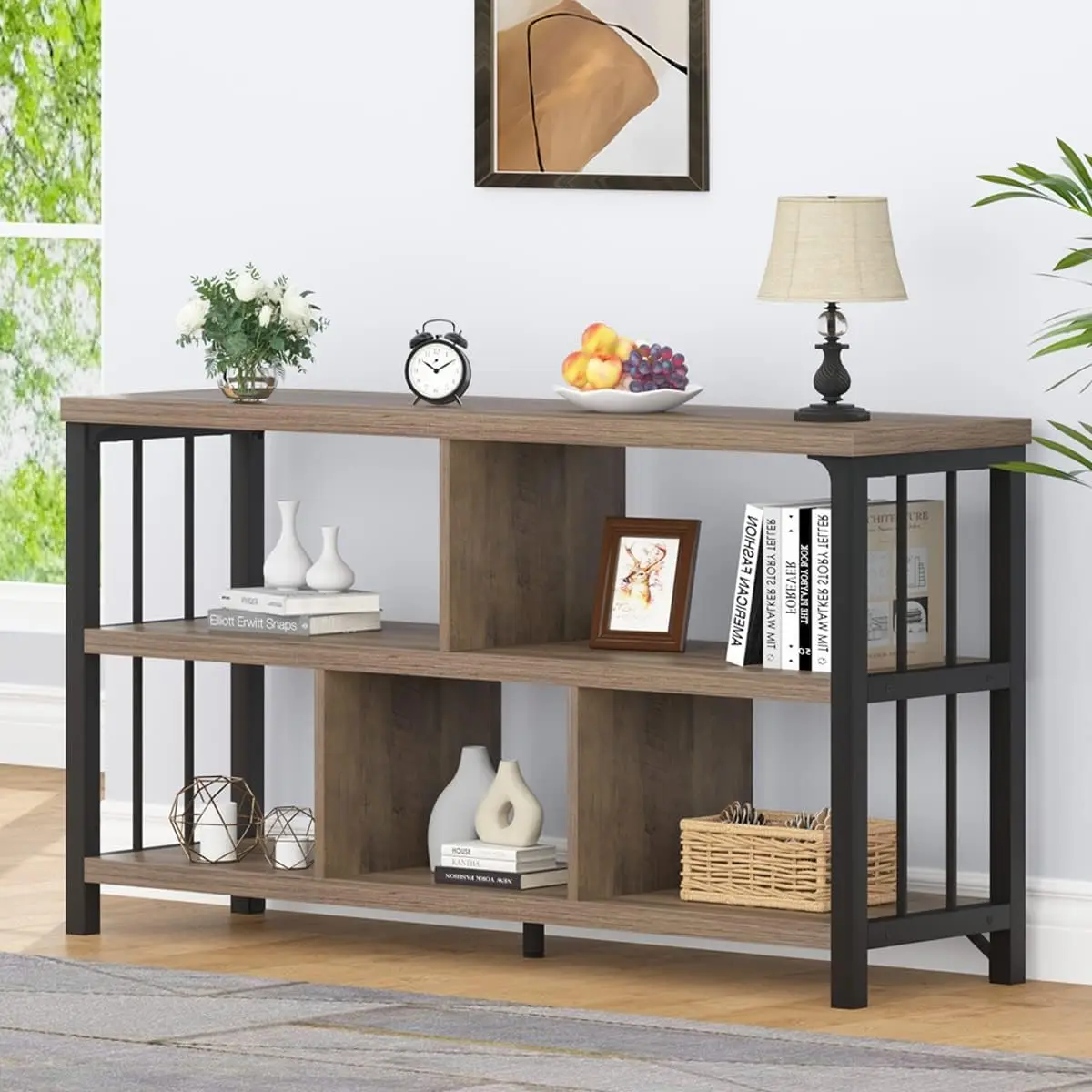 

IBF 5 Cube Storage Organizer, Industrial Low Horizontal Bookshelf, Modern Wide Wood and Metal Bookcase with Book Storage,