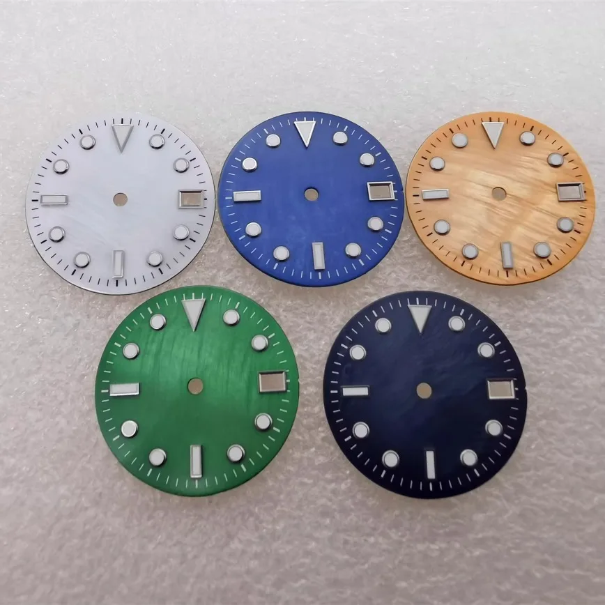 

Циферблат с корпусом, оранжевый, синий, белый, зеленый, светящийся циферблат 28,5 мм для NH35/NH36, аксессуары для часов с автоматическим механическим механизмом
