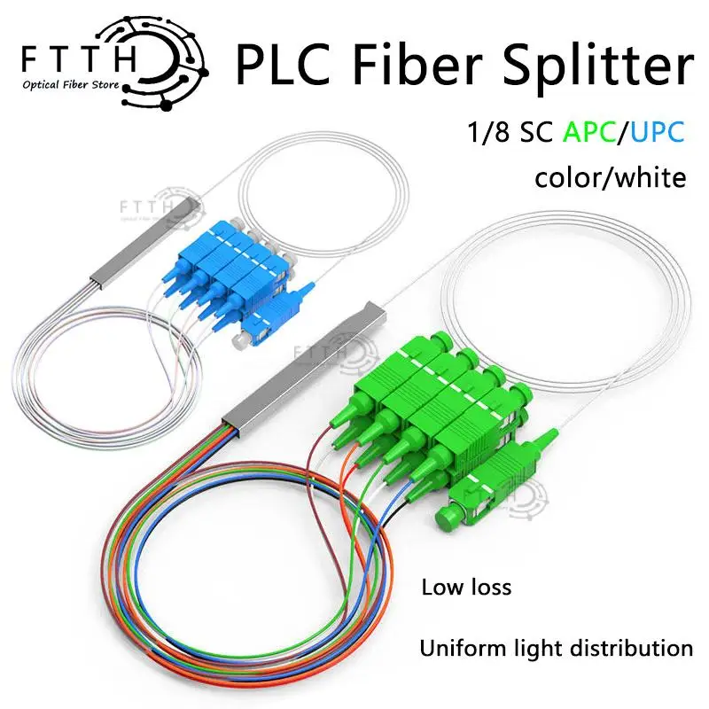 

Fiber Optic PLC Splitter 1x8 SC/APC 0.9mm Steel Tube Mini Blockless FTTH SM 1*8 SC UPC Connector PLC Splitter