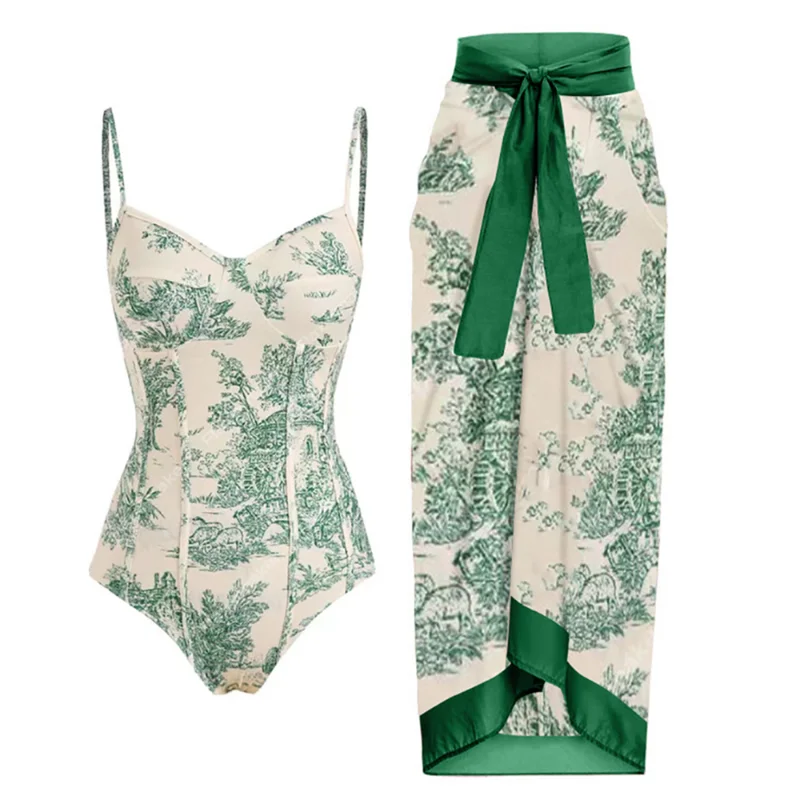 

Printed Sling Gathering Bikini Set High Waist Cropped Slim One-Piece Beachwear Women's Backless Skinny Pool Wear Push-ups 2023