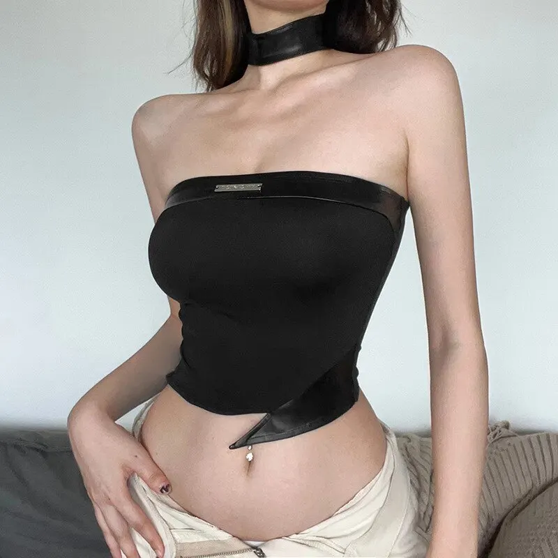 

Women Top Backless Sleeveless Solid Sexy Slim T-shirt Bandeau Slash Neck Bare Waist Irregular Patchwork Streetwear Corset 2023