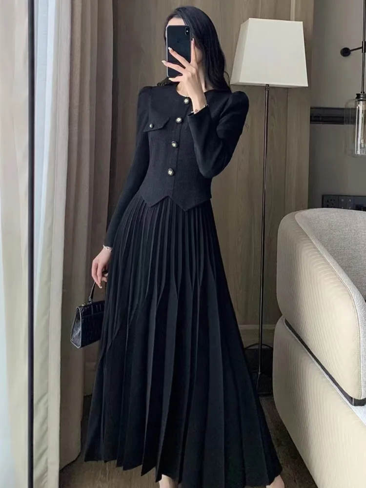 

Женское платье-миди с длинным рукавом, черное приталенное плиссированное платье-трапеция из двух частей, элегантное офисное платье для весны