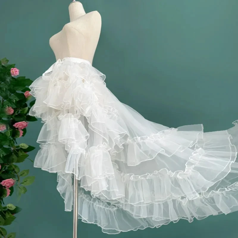 

Kawaii Lolita Lace Mesh Ruffles Asymmetrical Skirt Women Sweet Harajuku Style High Low Sheer Cover up Fluffy Fairy Skirts White