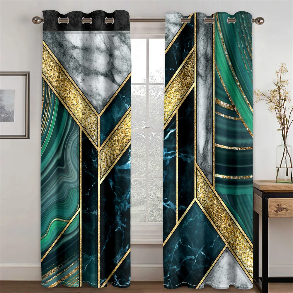 

3D Print Cheap Metallic Abstract Art Marble Green Luxury 2 Pieces Thin Shading Window Curtain for Living Room Bedroom Decor Hook