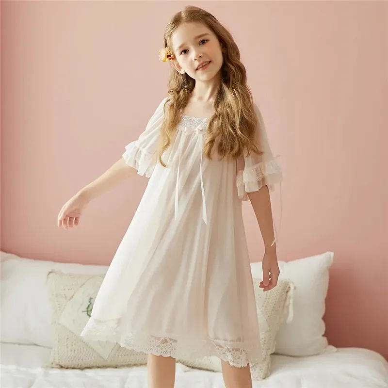 

Palace Style Baby Girl Princess Nightdress Spring Summer Short-sleeved Home Wear Girl's Lace Mesh Pajamas Full Of Fairy Spirit