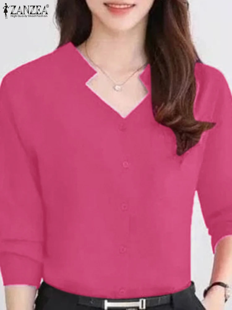 

Лето 2024, корейский топ ZANZEA с воротником-стойкой, элегантная женская офисная рубашка, винтажная однотонная туника с рукавом 3/4, модная Свободная блуза