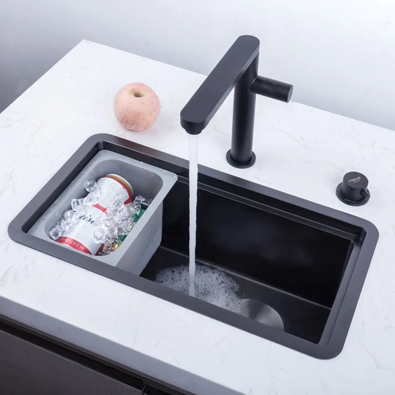 

Simplicity Kitchen Sink Nano Black 304 Stainless Steel Water Tank with Multifunctional Drainage Net Cover Plate Single Tank