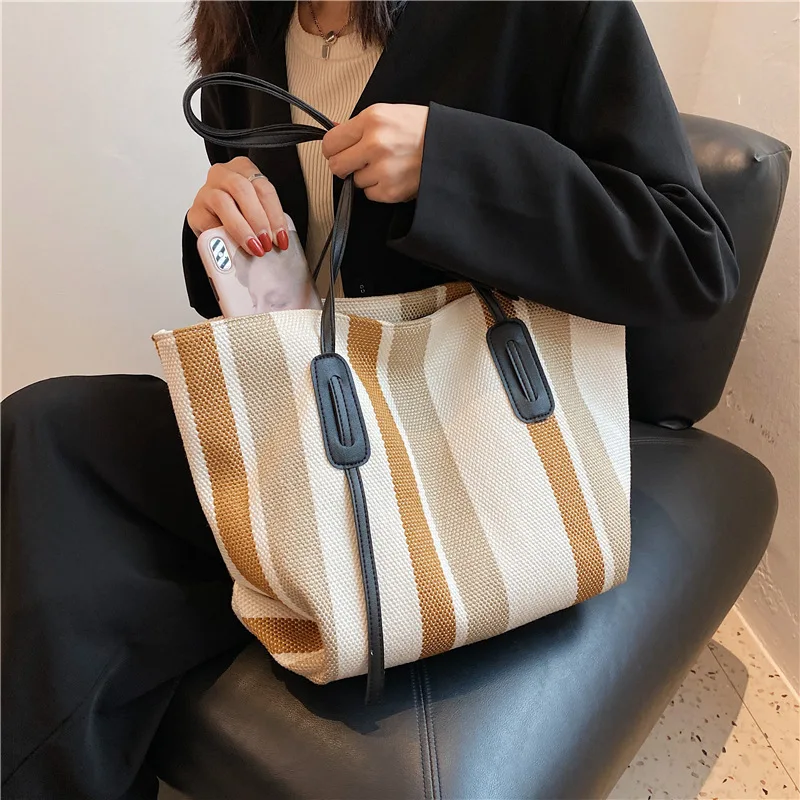 

Новинка 2024, полосатая Холщовая Сумка в Корейском стиле для мам, женская сумка через плечо, модная вместительная сумка для подгузников