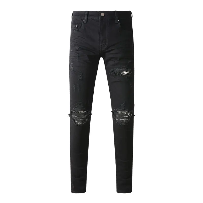 

Street Fashion Men Jeans Black Stretch Skinny Fit Ripped Jeans Beading Patched Designer Hip Hop Brand Pants Men Punk Trousers