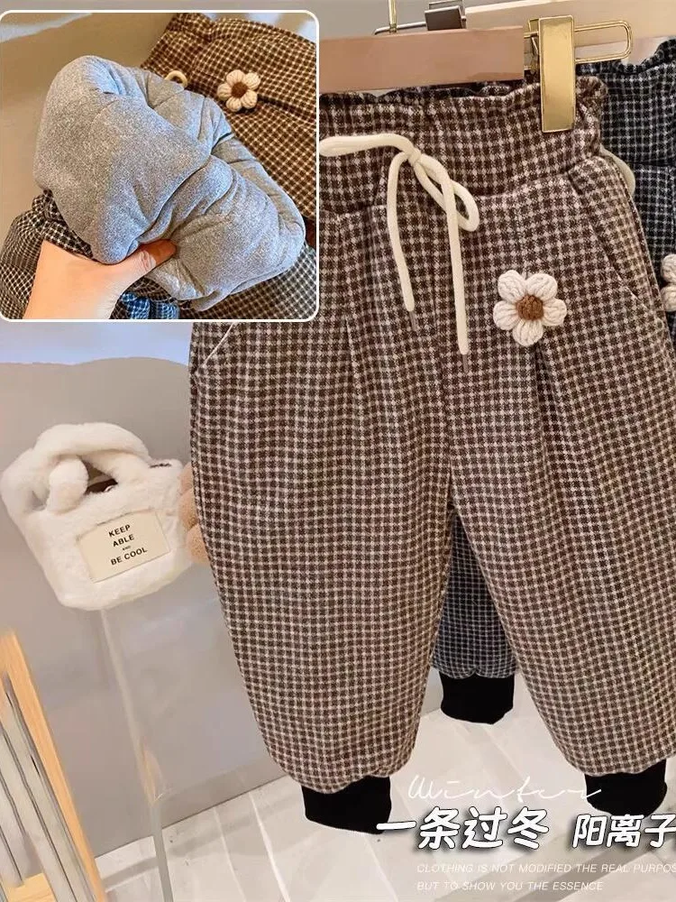 

Girls Thickened Cotton Pants One to Get through Winter Children's Small Plaid Closed Quilted Thick Casual Cotton Pants Winter Fa