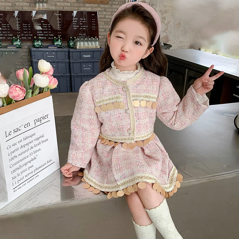 

Spring Autumn Girls 2 Pcs Set Baby Coat + Pleated Skirt Kids Set Toddler Suit Children Clothes Gunny Sequin Patch 2-7Y