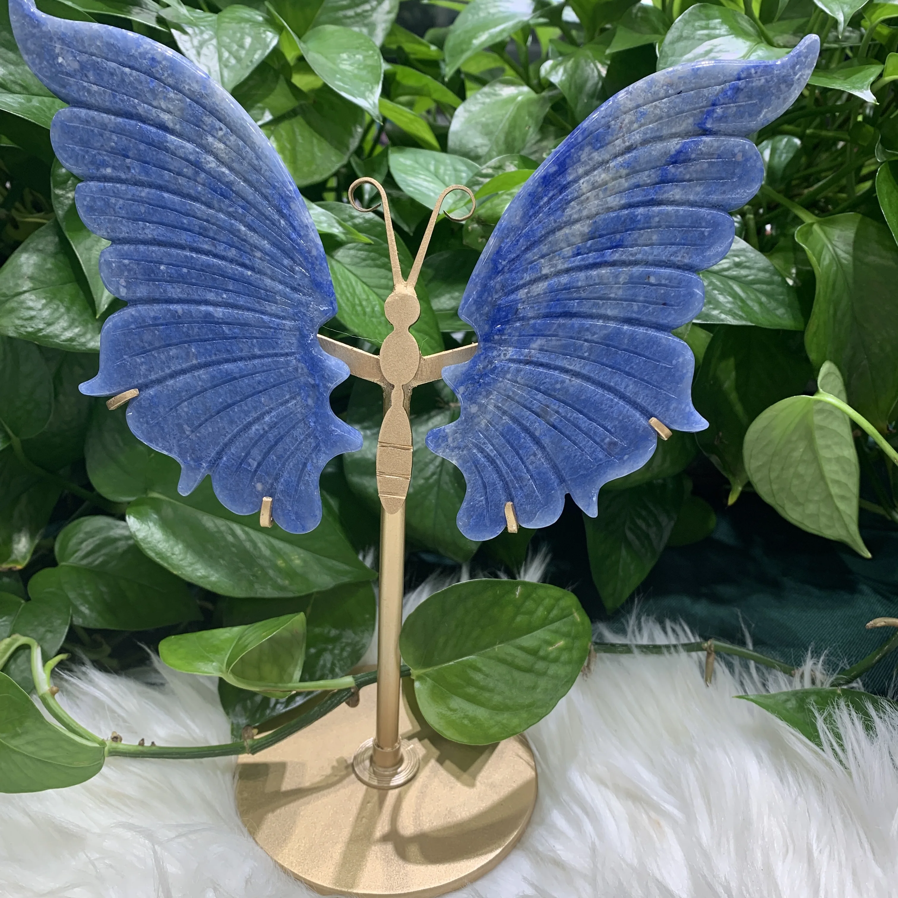 

Natural Blue Aventurine hand carved Butterfly wings Figurine crystal Wings Sculpture with showing stand for Craft Decoration