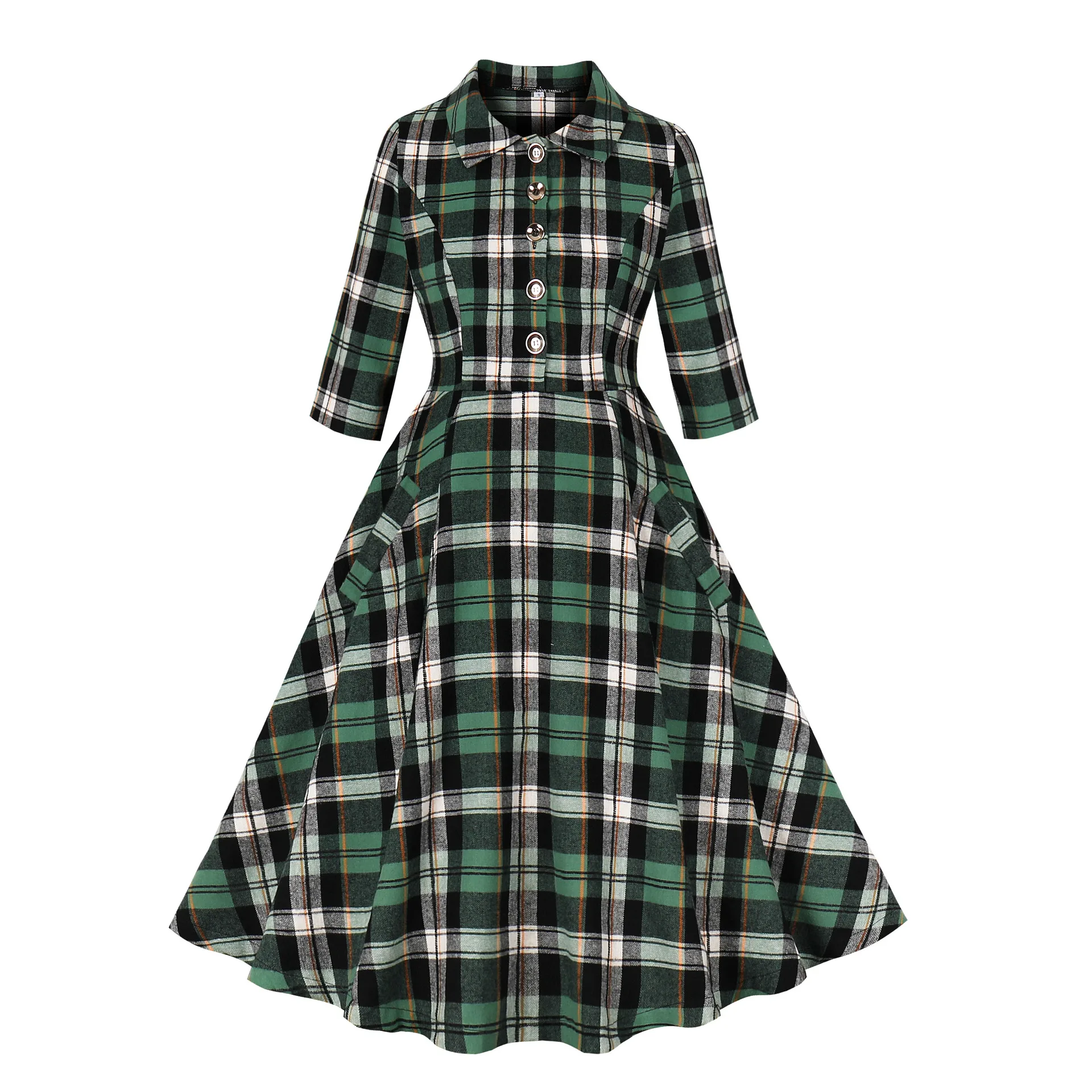 

Vintage 1950s Rockabilly Buttons Green Plaid Dresses Women Long Sleeve Autumn Long Midi Dress Female Vestidos SR1410