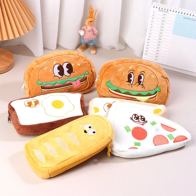 

Cute Toast Pizza Bread Pencil Case Hamburger Cosmetic Bag Large Capacity Plush Pen Pouch Storage Bag Office Stationery Supplies