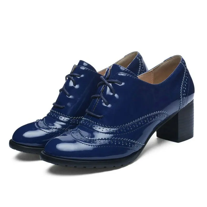 

Size 33-43 Navy Burgundy Lace-up Brogue Design PU Patent Leather Square Block High Heeled Woman Shoes Derby Oxford Pumps Heels