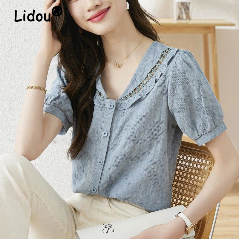 

Women Summer Ruffle Lace Hollow Sweet Chic Elegant Shirt Korean Style V Neck Short Sleeve Blouse Female Solid Cotton Tops Blusas