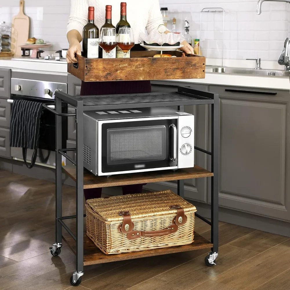 

Kitchen cart with wheels and handles, detachable tray and storage rack, 3 levels, for living room kitchen
