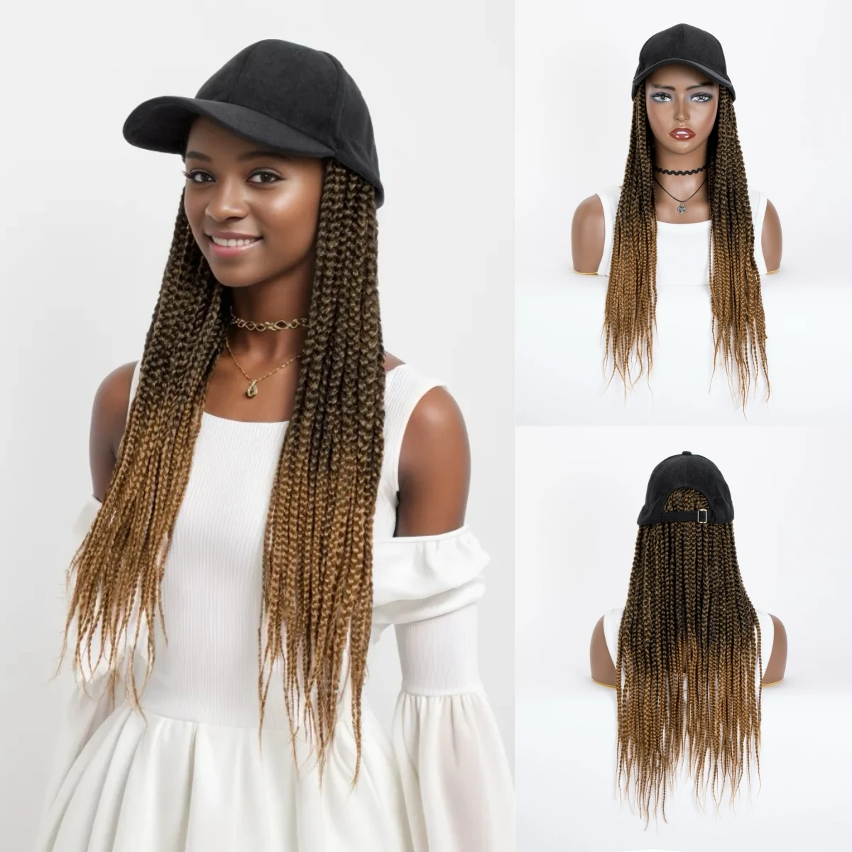 

Long Ombre Brown Blond Gold Box Braiding Hair With Black Baseball Cap Hat Wig Braided Braids Hair Extensions Synthetic For Women