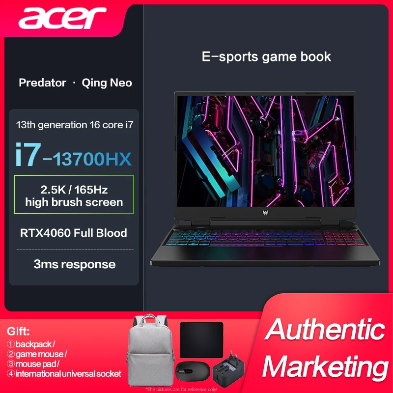 

New Genuine Acer Marauders Qing Neo Gaming Laptop Intel i5-13500HX/I7-13700HX RTX4060 E-Sports 16-inch 2.5K 165Hz Game Notebook