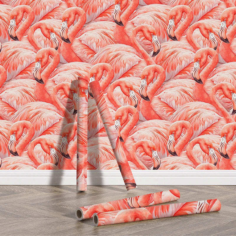 

Red Flamingos Peel And Stick Durable Wallpaper Birds Waterproof PVC Home Decor Wallpaper Removable Furniture Cabinet Sticker