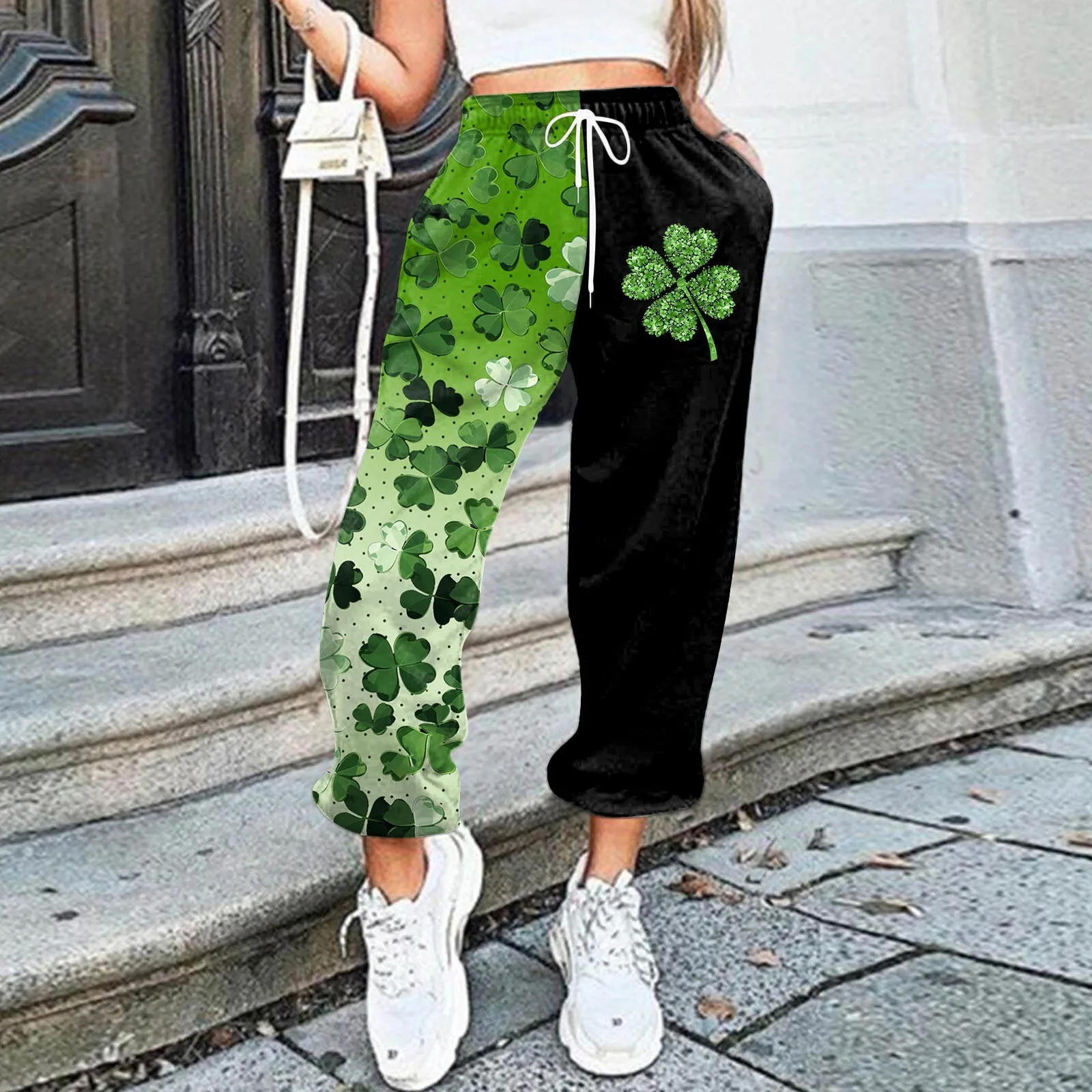 

Women Green Printed Sweatpants With Pockets Casual Drawstring Sports Joggers Workout Pants Saint Patricks Pat St Paddys Day