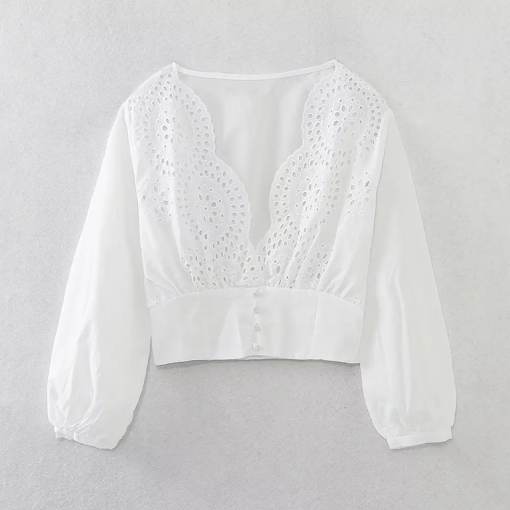 TRAF Women French Style V Neck Hollow Out Embroidery Short Smock Blouse Female Chic Hem Elastic Crop Shirts Blusas Tops
TRAF Women French Style V Neck Hollow Out Embroidery Short Smock Blouse Female Chic Hem Elastic Crop Shirts Blusas Tops